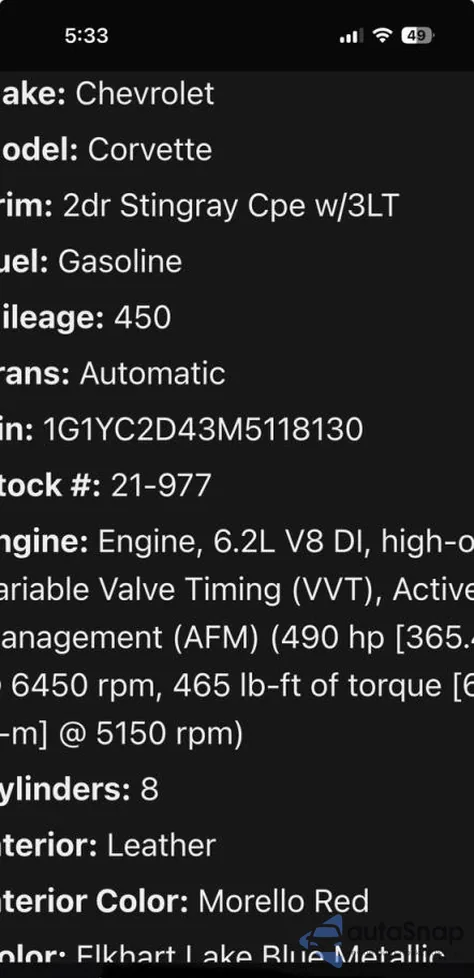 2021 Chevrolet Corvette Stingray 3Lt из США, поврежденный, VIN 1G1YC2D43M5118XXX